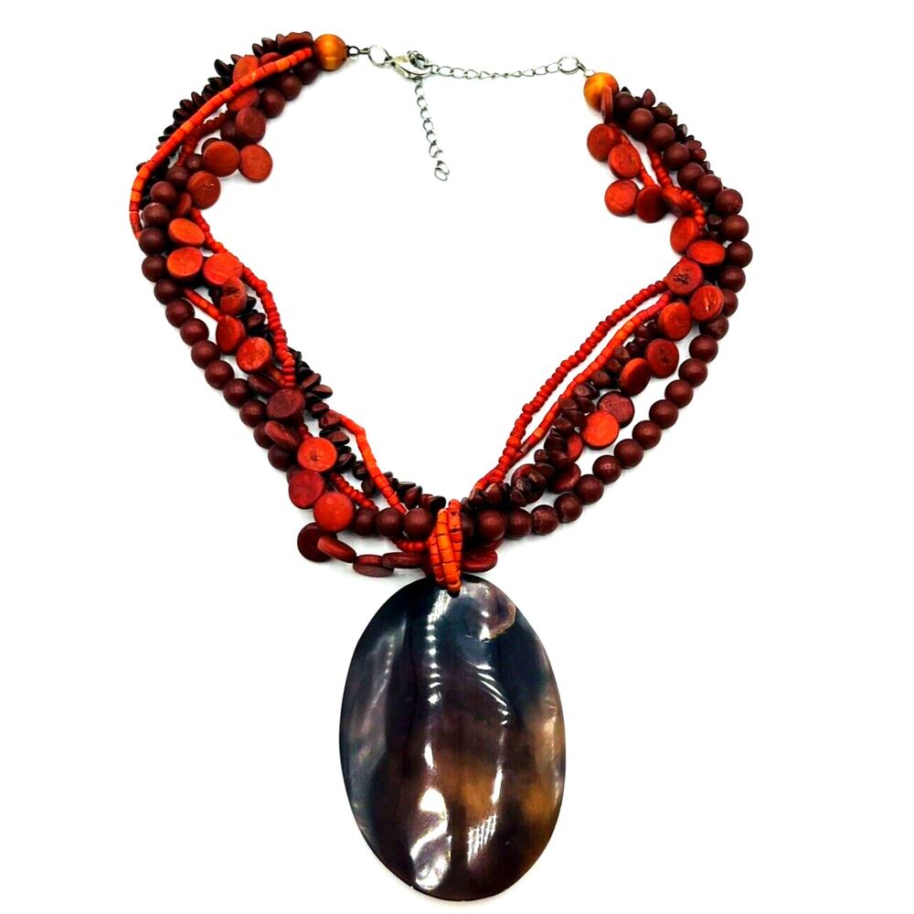 Red Multi Strand Wooden Beaded Horn Pendant Statement Necklace Boho 20"